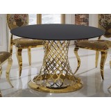INSP. Złoty stół z ażurową podstawą i czarnym szklanym blatem 120 x 76 cm